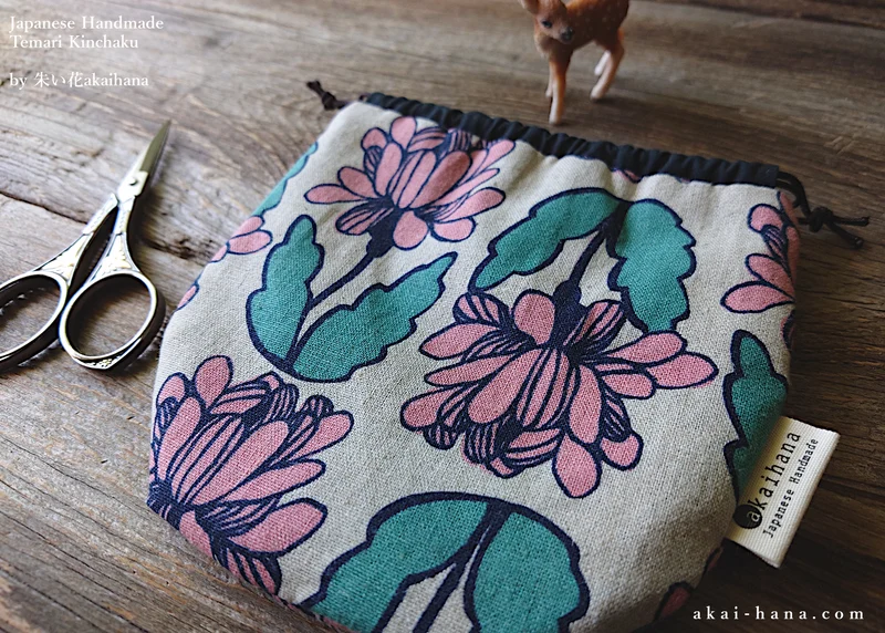 Japanese Handmade Temari Kinchaku (Drawstring) Purse, Floral Pink ⦿tkjp0022