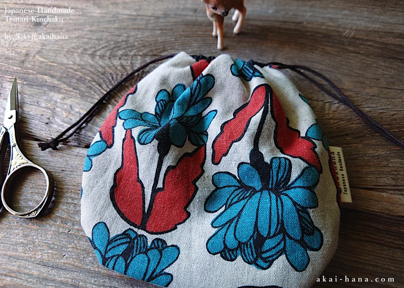 Japanese Handmade Temari Kinchaku (Drawstring) Purse, Floral Blue Green x Orange ⦿tkjp0019