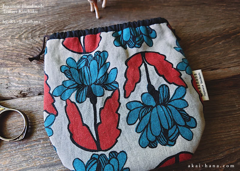 Japanese Handmade Temari Kinchaku (Drawstring) Purse, Floral Blue Green x Orange ⦿tkjp0019