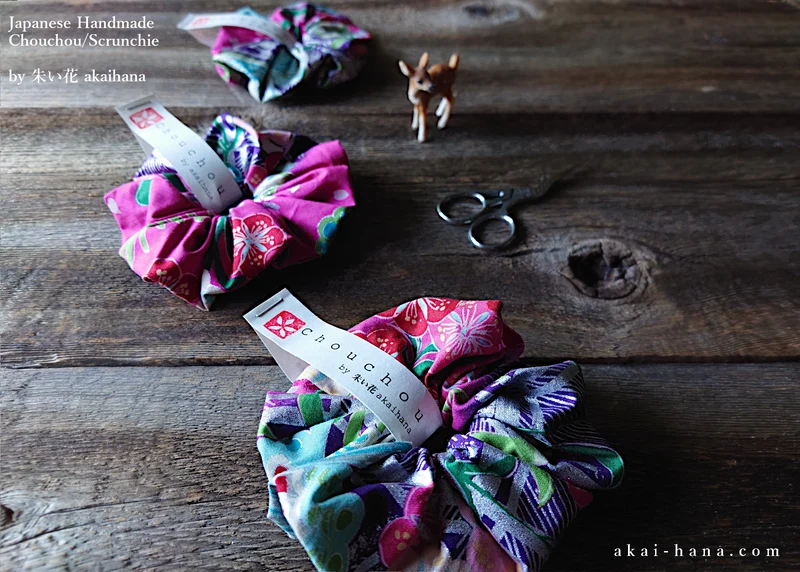 Japanese Handmade Kimono Style Chouchou/Scrunchies, Pink Floral ⦿scjf0016