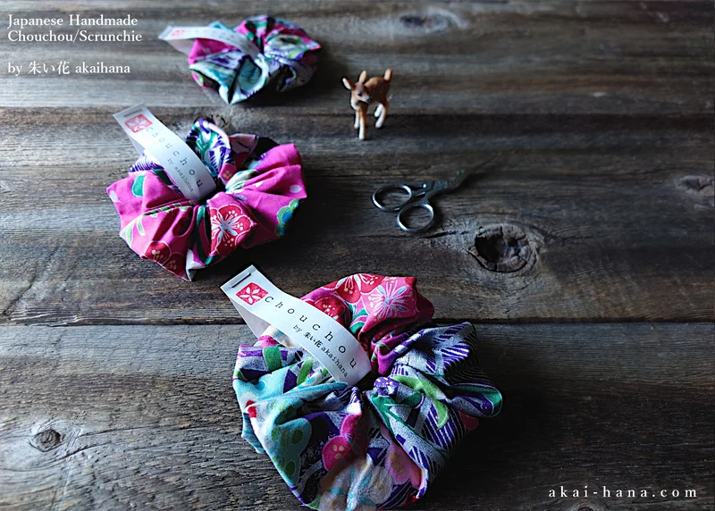 Japanese Handmade Kimono Style Chouchou/Scrunchies, Pink Floral ⦿scjf0016