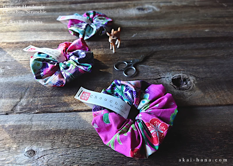 Japanese Handmade Kimono Style Chouchou/Scrunchies, Pink Floral ⦿scjf0016