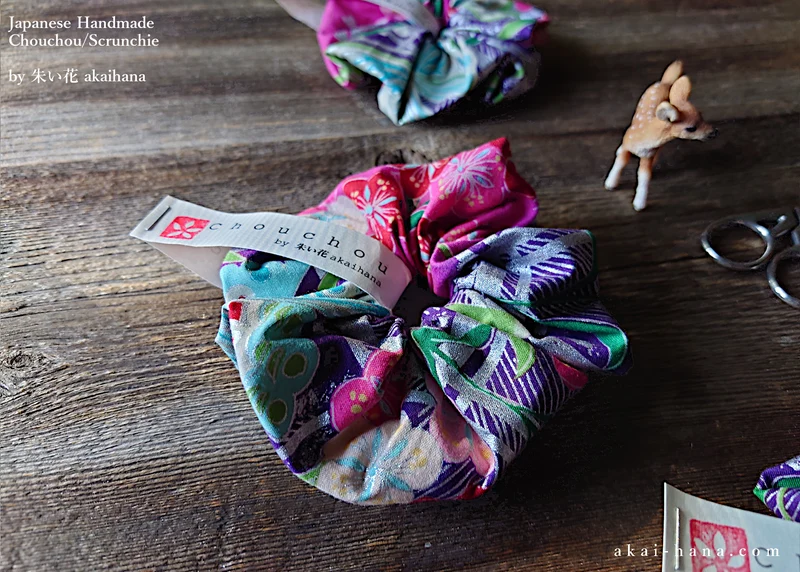 Japanese Handmade Kimono Style Chouchou/Scrunchies, Pink Floral ⦿scjf0016