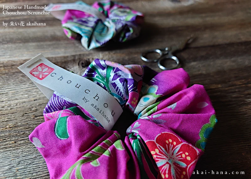 Japanese Handmade Kimono Style Chouchou/Scrunchies, Pink Floral ⦿scjf0016