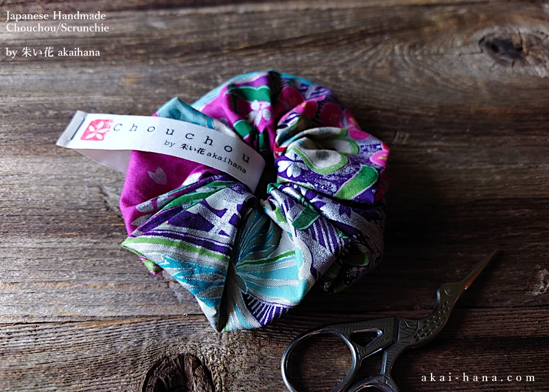 Japanese Handmade Kimono Style Chouchou/Scrunchies, Pink Floral ⦿scjf0016