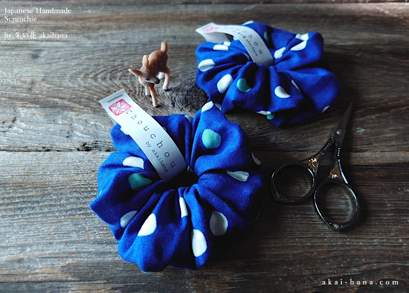 Japanese Handmade Double Gauze Scrunchies, Soda Dots Blue ⦿scjf0082