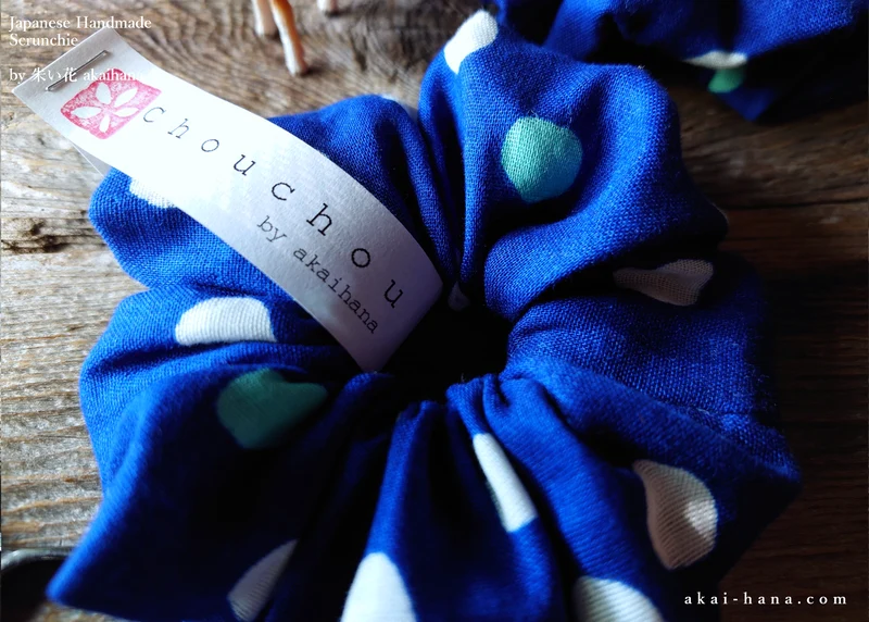 Japanese Handmade Double Gauze Scrunchies, Soda Dots Blue ⦿scjf0082