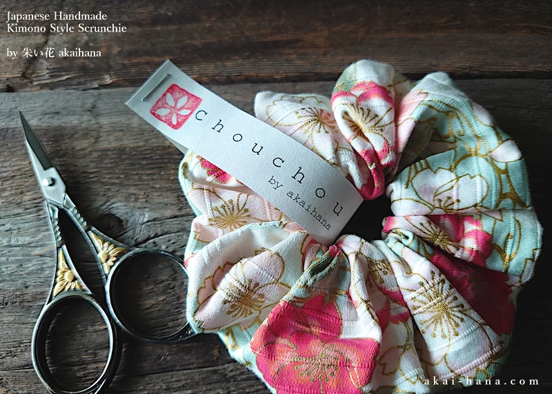 Japanese Handmade Kimono Style Scrunchies, SAKURA scjf0084
