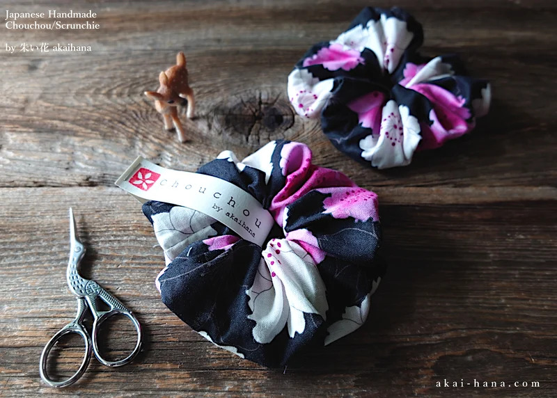 Japanese Handmade Kimono style Scrunchies, SAKURA Black ⦿scjf0019