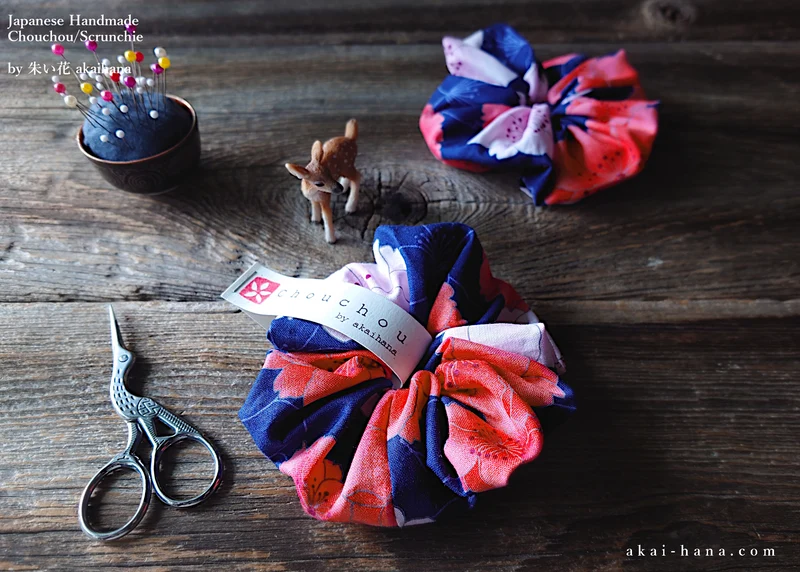 Japanese Handmade Kimono style Scrunchies, SAKURA Navy ⦿scjf0021