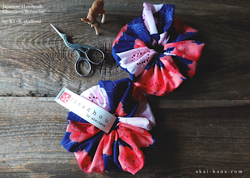 Japanese Handmade Kimono style Scrunchies, SAKURA Navy ⦿scjf0021