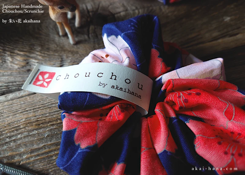 Japanese Handmade Kimono style Scrunchies, SAKURA Navy ⦿scjf0021