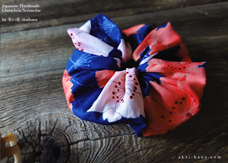 Japanese Handmade Kimono style Scrunchies, SAKURA Navy ⦿scjf0021