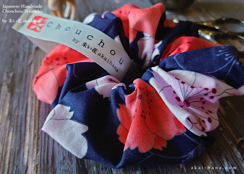 Japanese Handmade Kimono style Scrunchies, SAKURA Navy ⦿scjf0021