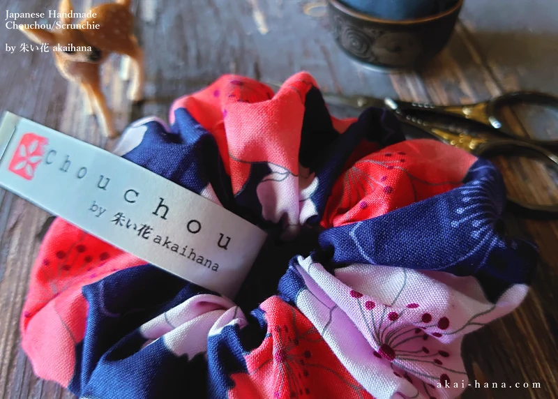 Japanese Handmade Kimono style Scrunchies, SAKURA Navy ⦿scjf0021