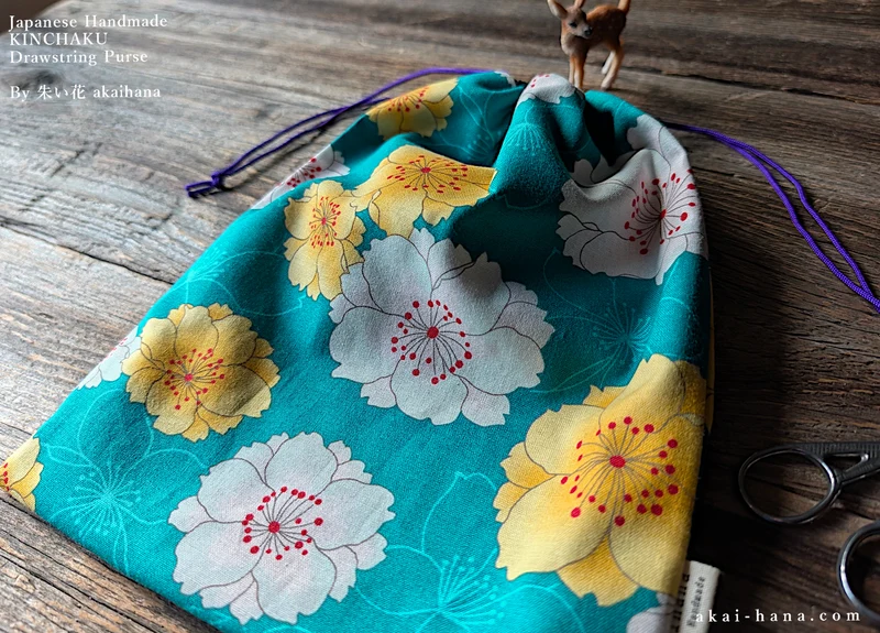 Wagara Kinchaku Drawstring Purse, Sakura Blue Green, Large W20cm x H25cm (8" x 9 3/4") ⦿kpjf0019