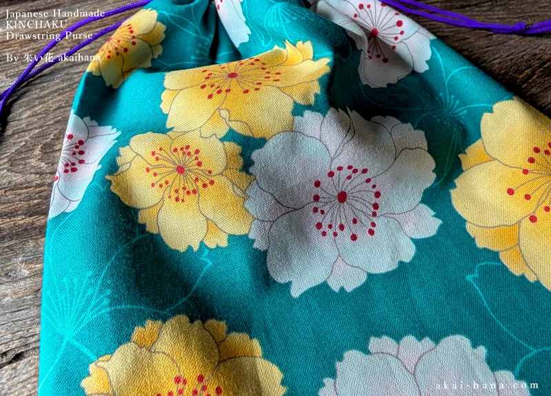 Wagara Kinchaku Drawstring Purse, Sakura Blue Green, Large W20cm x H25cm (8" x 9 3/4") ⦿kpjf0019