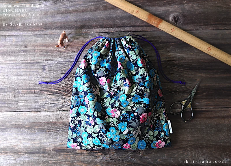 Kinchaku Drawstring Purse, Black Floral, X-Large W25cm x H30cm (10" x 12") ⦿kpjf0018