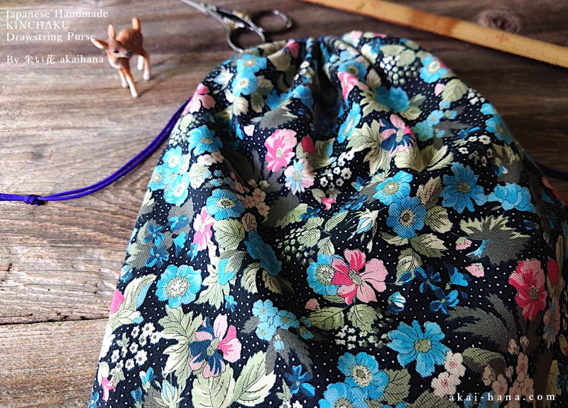 Kinchaku Drawstring Purse, Black Floral, X-Large W25cm x H30cm (10" x 12") ⦿kpjf0018