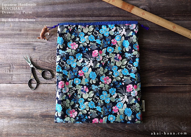 Kinchaku Drawstring Purse, Black Floral, X-Large W25cm x H30cm (10" x 12") ⦿kpjf0018