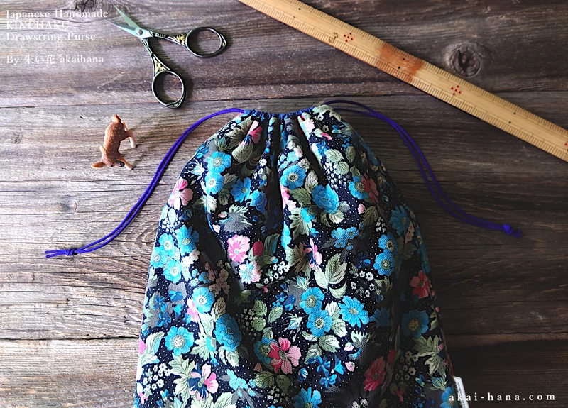 Kinchaku Drawstring Purse, Black Floral, X-Large W25cm x H30cm (10" x 12") ⦿kpjf0018
