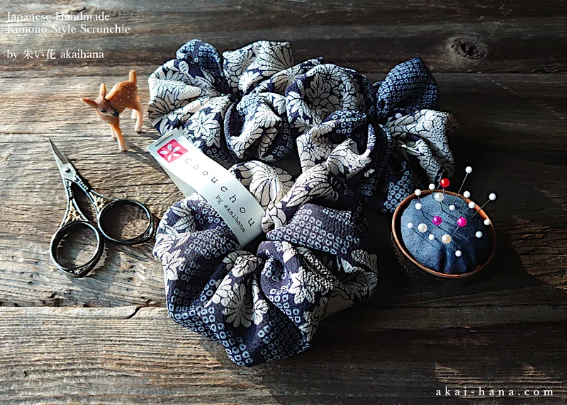 Japanese Handmade Kimono Style Scrunchie, Dark Blue Floral Chirimen scjf0100