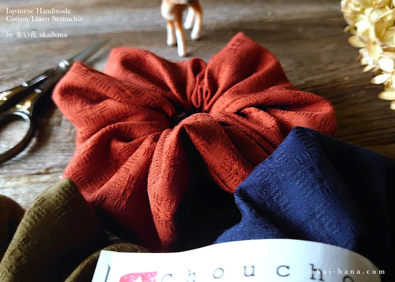 Japanese Handmade Solid Color Cotton Scrunchies, Dobby Weave 3 colors ⦿scjf0094-6