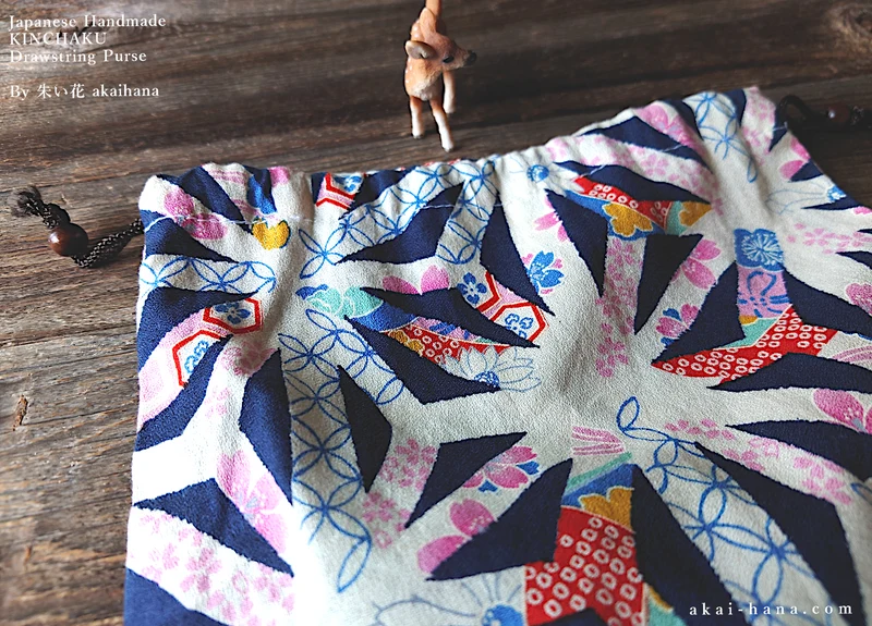 Wagara Kinchaku Drawstring Purse, Asanoha Hana Monyou, Black or Dark Blue ⦿kpjf0012