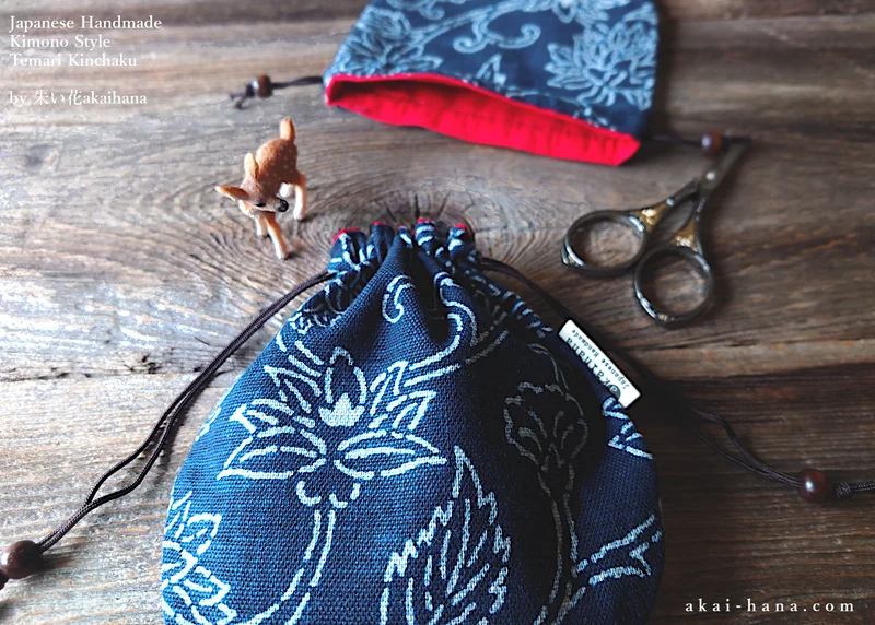 Japanese Handmade Temari Kinchaku (Drawstring) Purse, Kyoto Hand Screen-Printed, Indigo ⦿tkjp0017