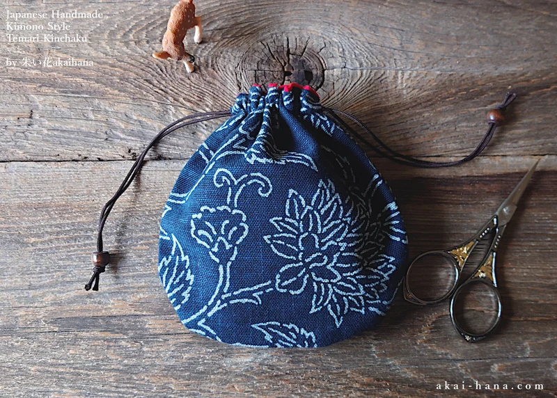 Japanese Handmade Temari Kinchaku (Drawstring) Purse, Kyoto Hand Screen-Printed, Indigo ⦿tkjp0017