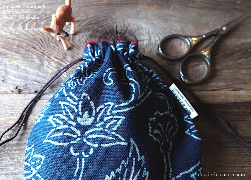 Japanese Handmade Temari Kinchaku (Drawstring) Purse, Kyoto Hand Screen-Printed, Indigo ⦿tkjp0017