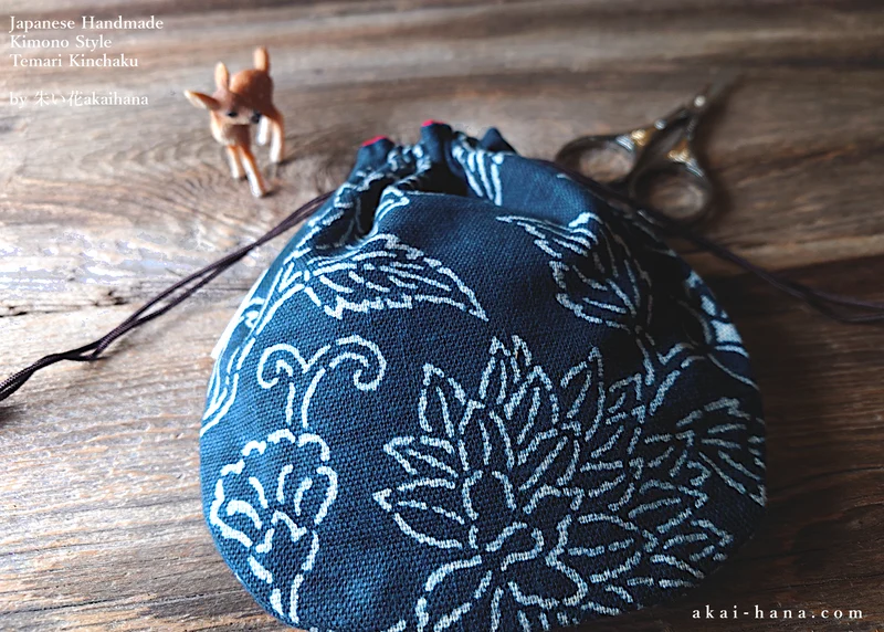 Japanese Handmade Temari Kinchaku (Drawstring) Purse, Kyoto Hand Screen-Printed, Indigo ⦿tkjp0017