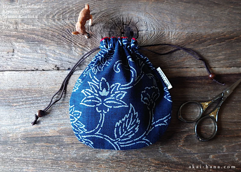 Japanese Handmade Temari Kinchaku (Drawstring) Purse, Kyoto Hand Screen-Printed, Indigo ⦿tkjp0017
