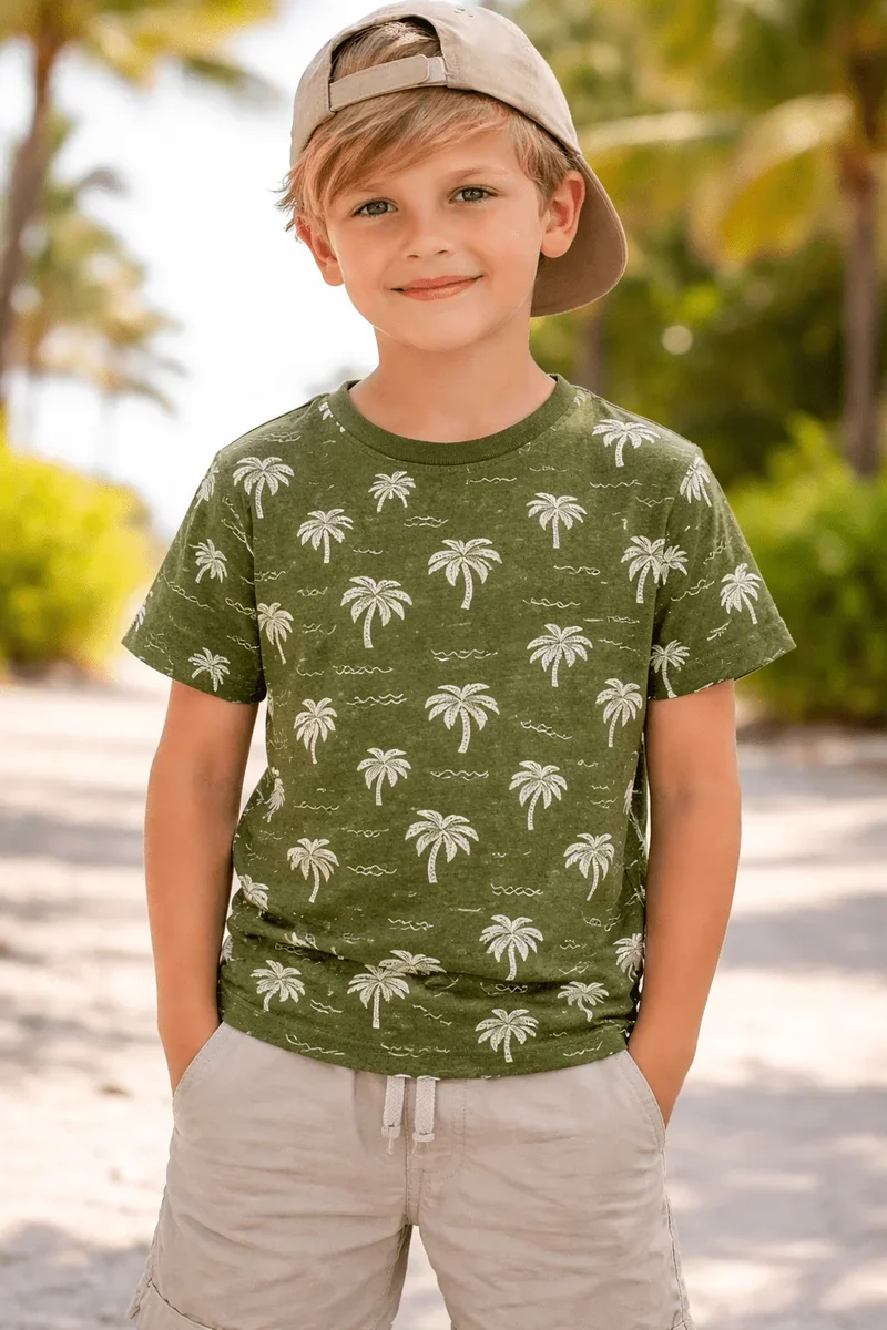 Jersey Stoff weiße Palmen | Khaki