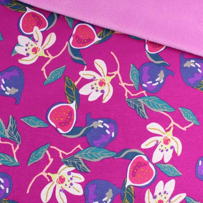 Kuschelsweat Stoff – Feigen und Blumen | Lila