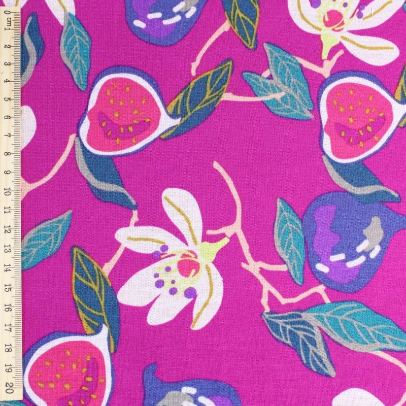 Kuschelsweat Stoff – Feigen und Blumen | Lila