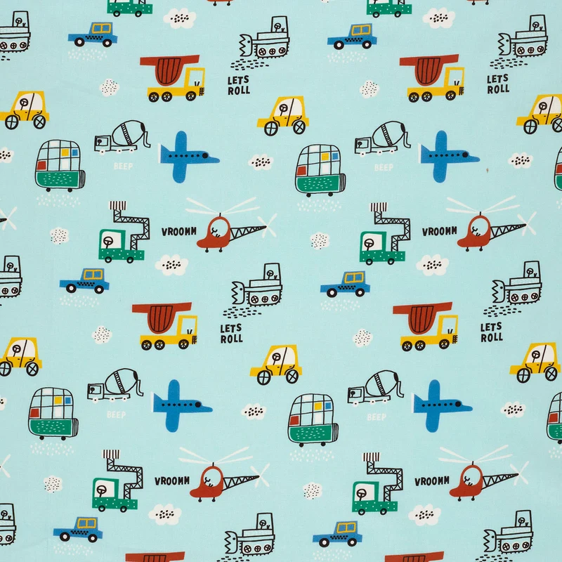 Baumwollpopeline Fahrzeuge – Babyblau