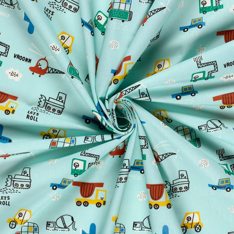Baumwollpopeline Fahrzeuge – Babyblau