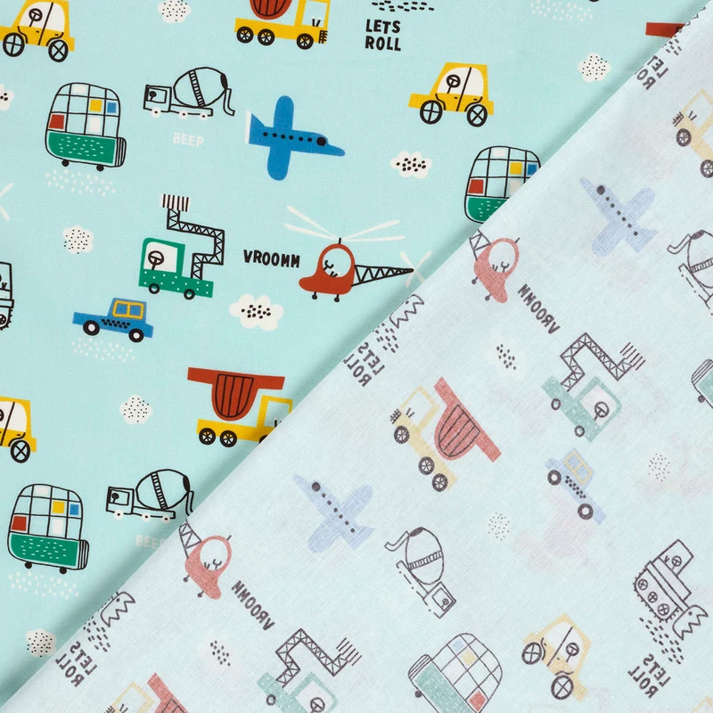 Baumwollpopeline Fahrzeuge – Babyblau