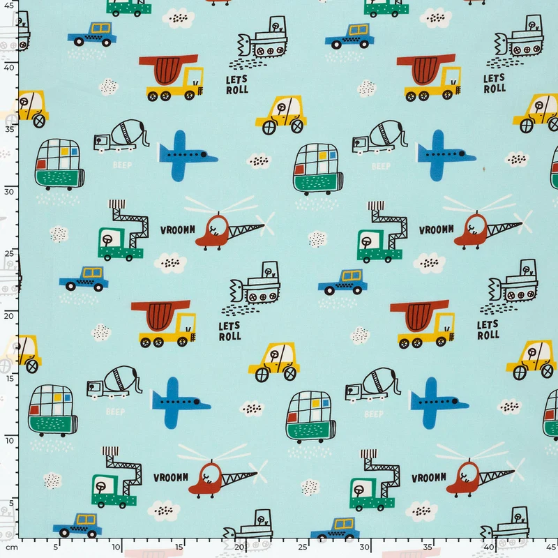 Baumwollpopeline Fahrzeuge – Babyblau