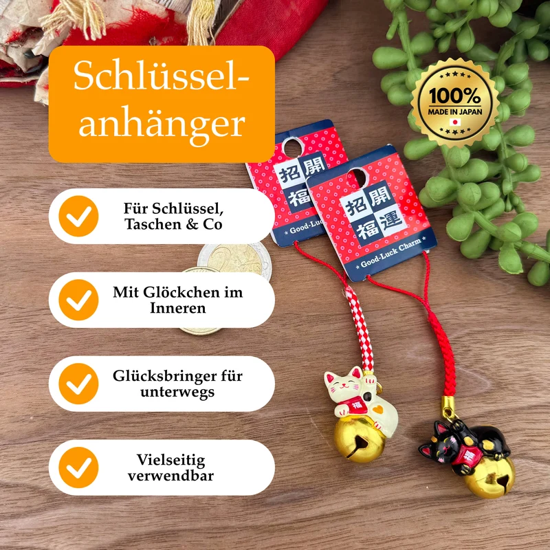 Schlüsselanhänger mit Glöckchen – Maneki Neko - Creme Gold