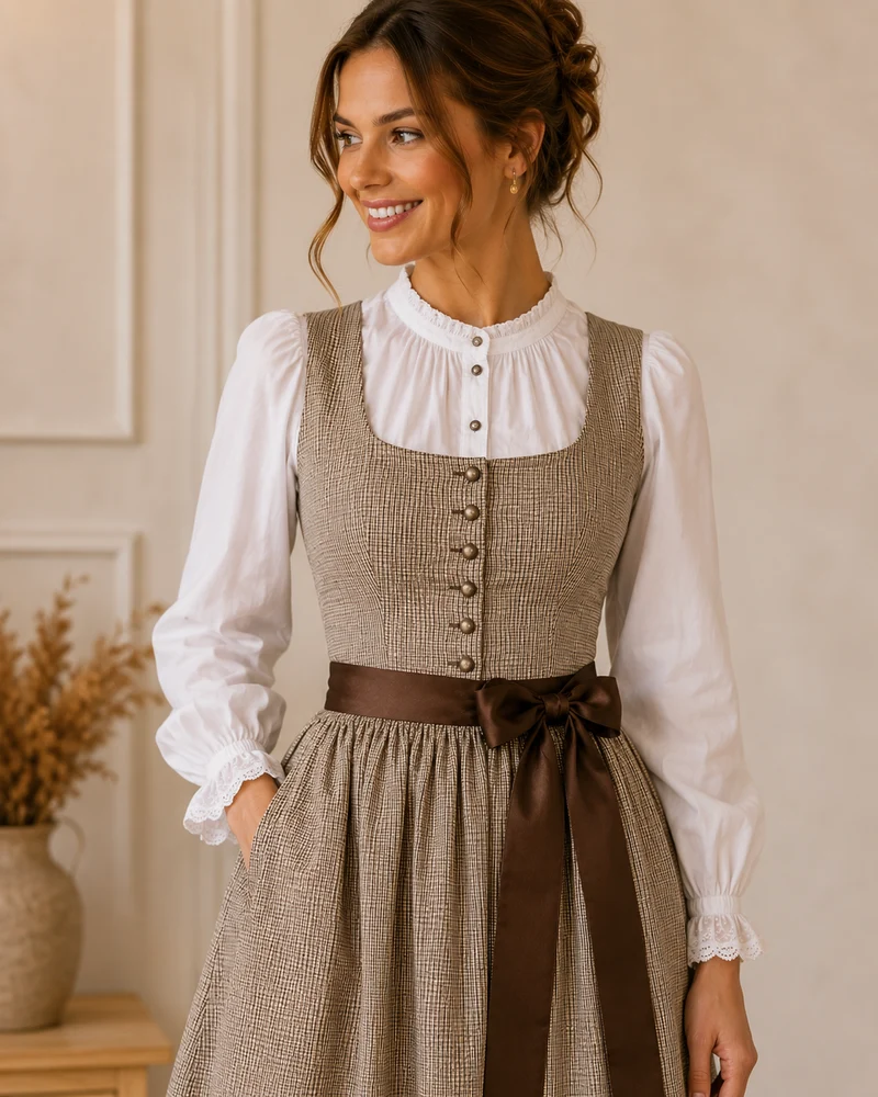Baumwollsatin mit feinem Karomuster – Beige