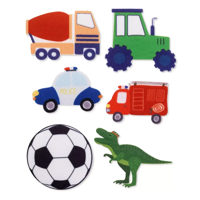 Applikations-Set 6 Motive – Fahrzeuge und Dino – zum Aufbügeln oder Kleben