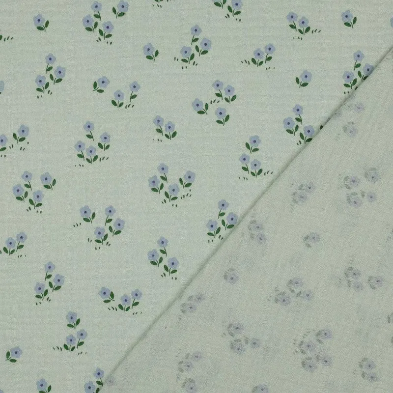 Musselin Stoff lila Blumen | Mintgrün