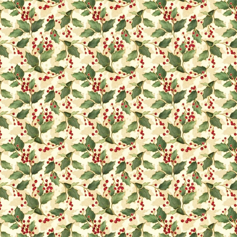 White Owl Fabrics, Merry & Bright, Holly & Berries, Cream