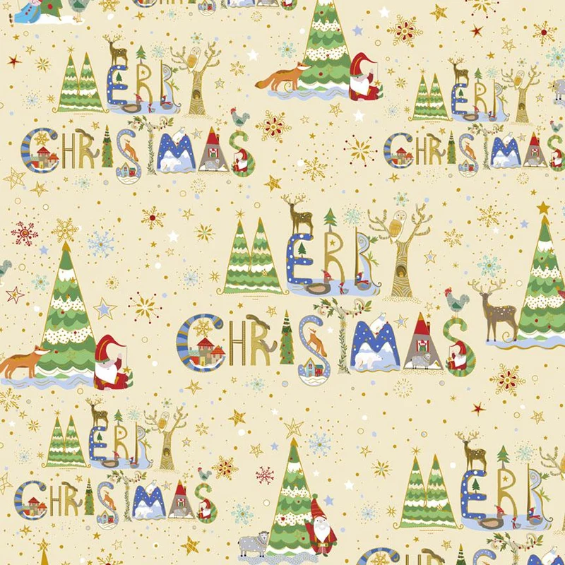 P&B Textiles, Turnkowsky Treasures, Merry Christmas Text wth Animals on Ecru
