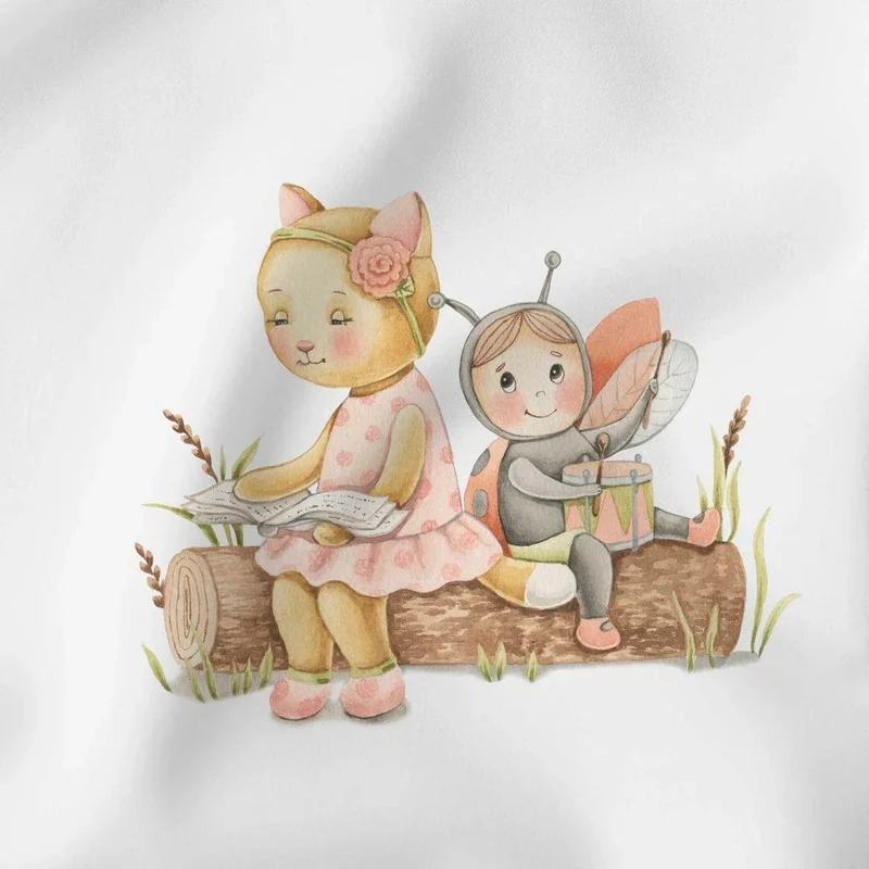 Baumwollpanel Katze und Marienkäfer 38x38 cm | Ecru