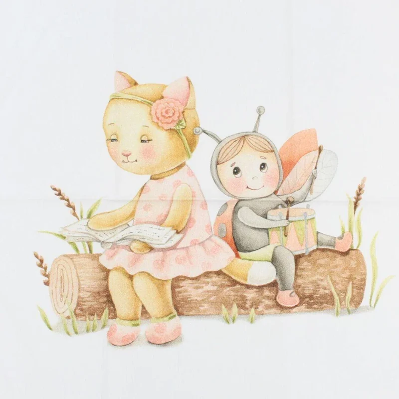 Baumwollpanel Katze und Marienkäfer 38x38 cm | Ecru