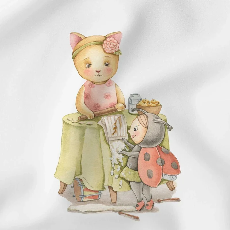 Baumwollpanel Katze und Marienkäfer 38x38 cm | Ecru