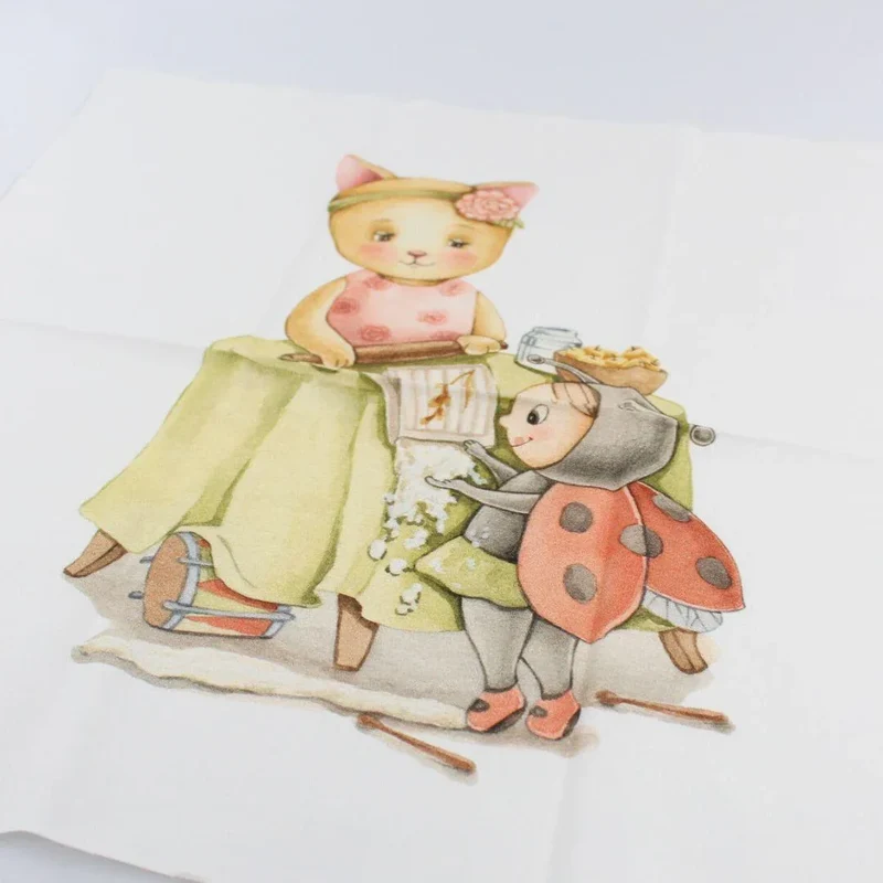 Baumwollpanel Katze und Marienkäfer 38x38 cm | Ecru
